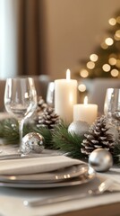 Christmas table setting with silver decorations, candles, pinecones, and ornaments on a festive dining table. Elegant holiday decor for winter celebrations