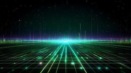 Futuristic Digital Landscape with Neon Lights and Grid Pattern Representing Technology and Innovation Concepts