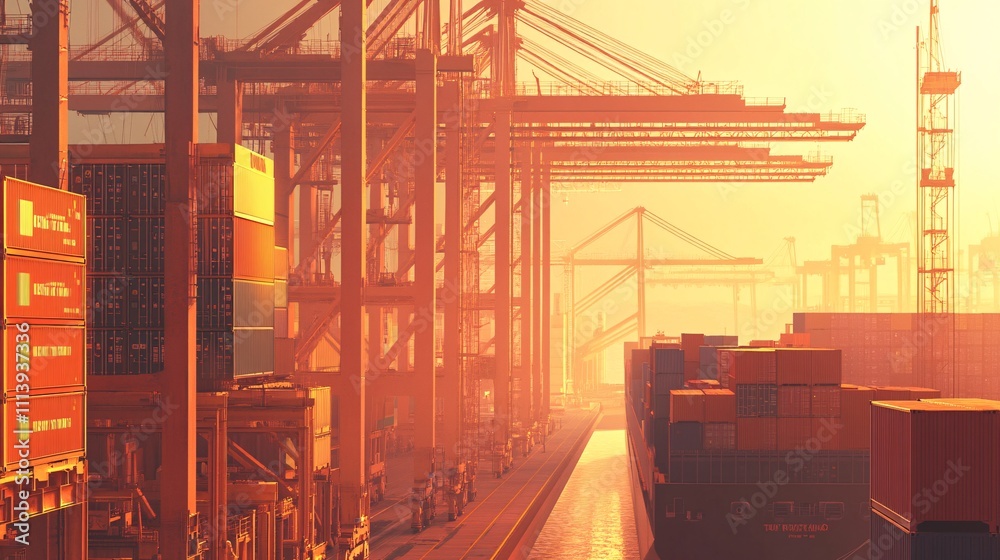 Poster cargo cranes loading containers on ship at sunset in a busy port