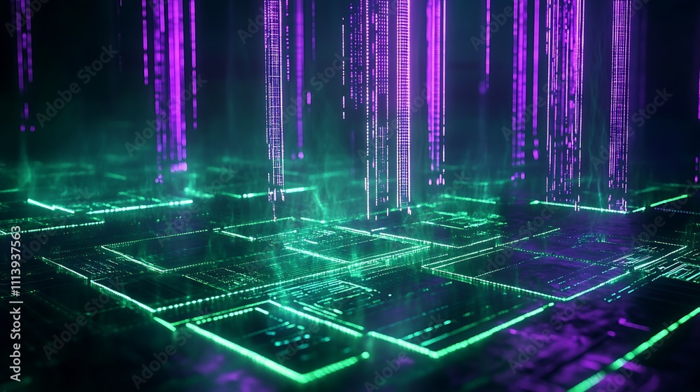 Poster futuristic digital landscape with neon lines and binary code falling in multicolored glowing environ