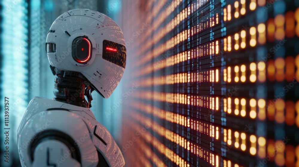 Poster Futuristic Robot Analyzing Complex Data Streams with Glowing Light Patterns in Digital Environment