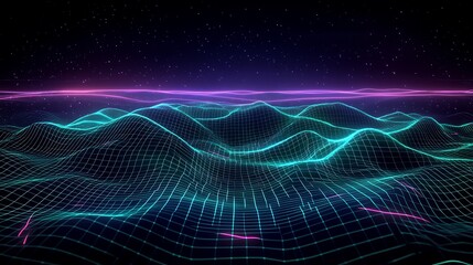 Obraz premium Futuristic Digital Landscape with Neon Waves and Grid Pattern in Cosmic Background at Night