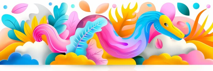 Obraz premium A fantastical abstract serpent in vivid tropical colors with soft gradients, evoking a whimsical and playful theme.