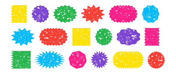 Sticker shape starburst, stamp crayon wave edge, starburst label colorful chalk, sale price tag icon, sun grunge badge, discount sketch curve set. Watercolor zigzag banner. Vector graphic illustration