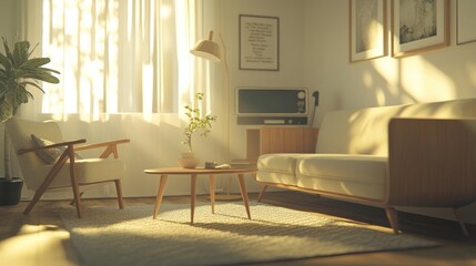 Sunlit Living Room With Mid Century Modern Furniture
