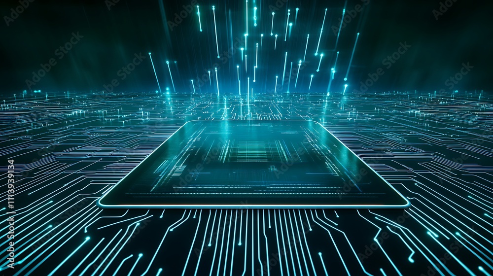 Poster futuristic digital technology circuit board with glowing data streams and processor in cyber environ