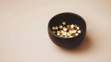 Elegant display of gold star confetti in a black ceramic bowl for celebration decor