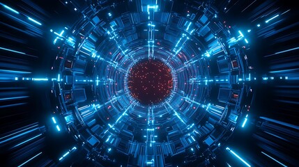 Fototapeta premium Futuristic Digital Tunnel with Glowing Blue Lights and Space Elements in a Sci-Fi Conceptual Design