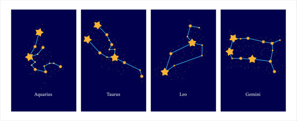 Set of Modern magic witchcraft cards with astrology zodiac signs in the night sky. Zodiac characteristic. Zodiac icons. Vector illustration