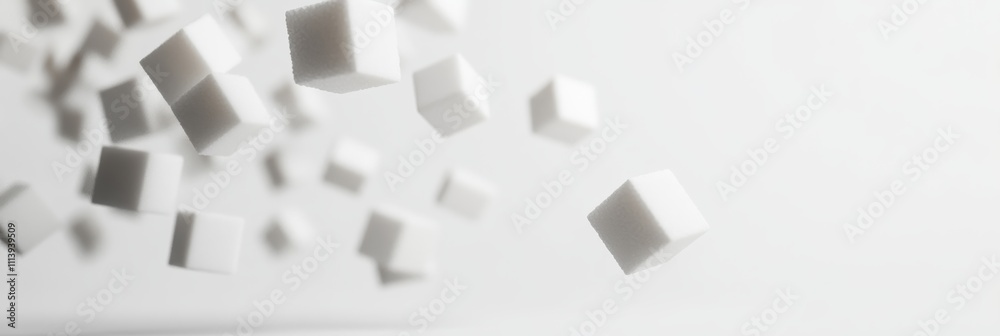 Poster many white sugar cubes are falling against a white background, representing the concept of reducing 