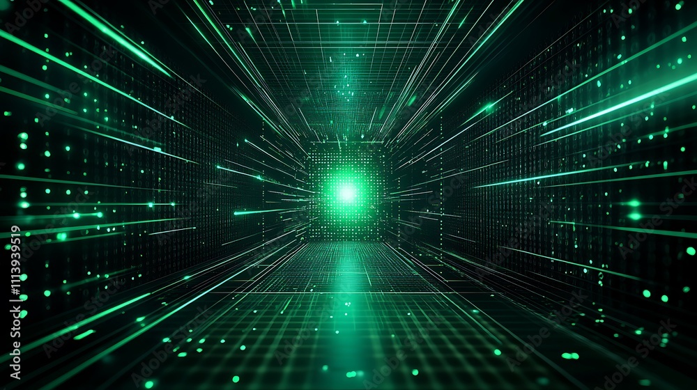 Canvas Prints futuristic digital tunnel with glowing particles and lines in vibrant green color evoking technology