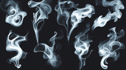 Set of realistic smoke, fog on water, bbq, hot drinks, food. Vector white swirl steam, smog isolated on transparent backdrop