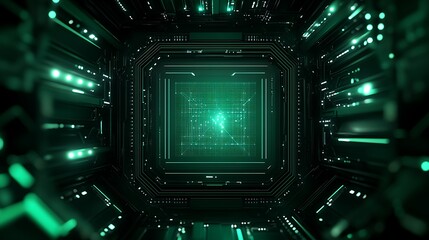 Fototapeta premium Futuristic digital tunnel with green neon lights and intricate circuit patterns for technology backgrounds