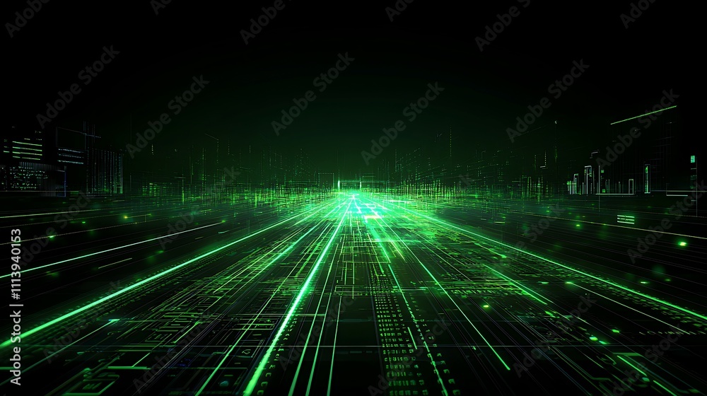 Poster futuristic green data stream with lines and patterns illustrating technology and digital animation c