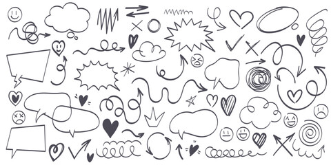 Doodle line shape set on a white background. Hand drawn brush stroke, heart, speech bubble, cloud, arrow element in childish drawing style. Black and white vector illustration