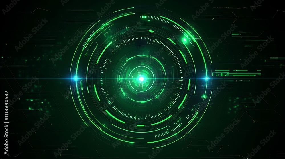 Poster futuristic green light technology abstract background with circular patterns and digital elements