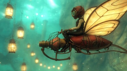Steampunk Insect Rider Navigating Enchanted Glowing Lantern Forest