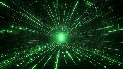 Futuristic Green Light Tunnel with Abstract Particles and Lines in Motion for Technology and Sci-Fi Themes
