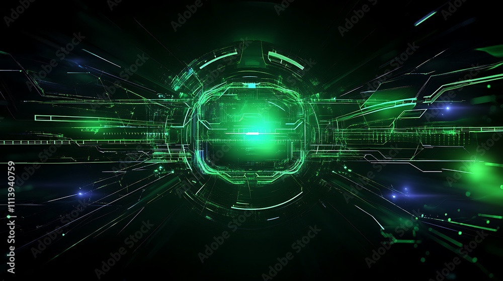 Poster futuristic green technology background with abstract circular patterns and dynamic lines for high-te