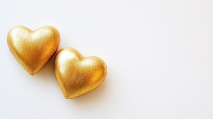 Fototapeta premium Elegant pair of golden hearts on white background for love and romance concepts