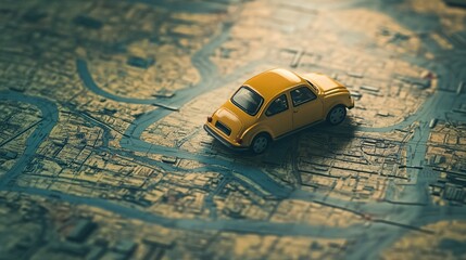 Miniature toy car on the map. Travel and adventure concept.