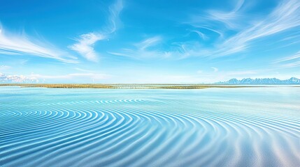 An expansive river delta with tributaries and streams feeding in, creating mesmerizing ripple patterns, wetlands in the background