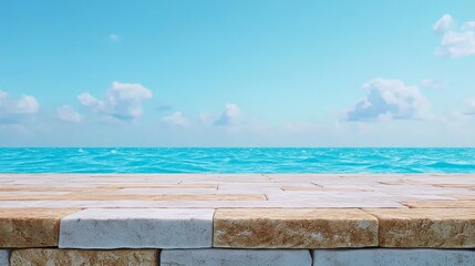 Fototapeta premium elegance mountain sea Vibrant ocean view with stone pathway and clear blue sky.