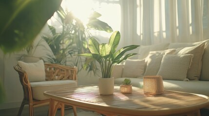 Sunlit Living Room With Plants And Rattan Furniture