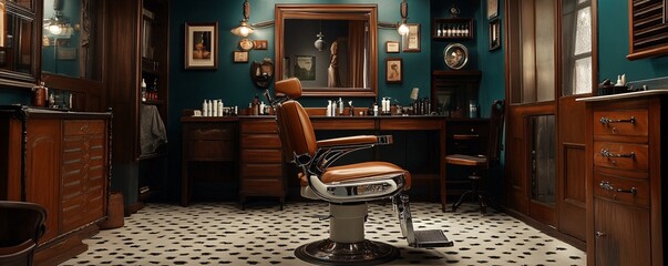 Elegant vintage barbershop interior with empty leather chair