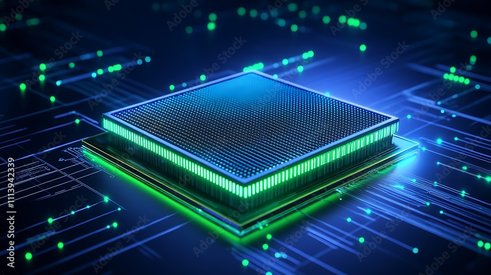 Poster futuristic microprocessor with glowing circuits on a dark background for technology conceptual image