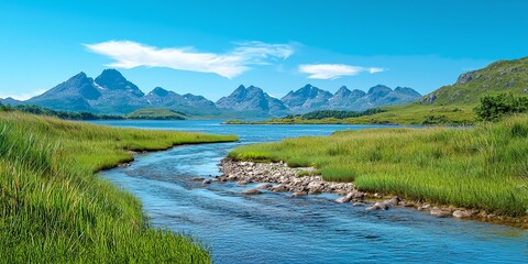 Fototapeta premium elegance mountain sea Scenic river flowing through lush green landscape and mountains.