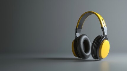 Naklejka premium Bright Yellow Safety Earmuffs Positioned Upright Against a Soft Gray Background