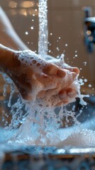 Fototapeta premium Image: person washing hands under tap with soap suds. Careful handwashing shown with focus on sink, cup, and faucet in background.