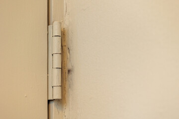 Close-up of a painted metal hinge on a beige wall.  Shows detail of the hinge's construction and the wall's texture.