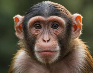 A close-up view of a contemplative monkey in a lush, green environment during daylight. Generative AI