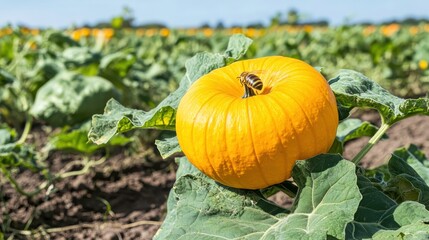 Bright Pumpkin with Bee in a Sunny Field