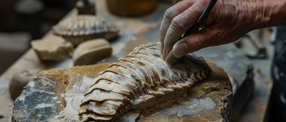 Person cleaning fossil with toothbrush on wooden table, other fossilized objects nearby. Scene highlights meticulous manual effort in handling ancient artifacts.