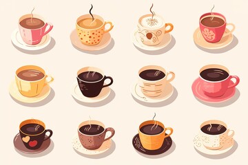 Tea coffee vintage cup set vector illustration. Cartoon vintage teacup collection for english afternoon tea ceremony party or breakfast, retro flower, leaf, stripes hand drawn pattern on cup and mug
