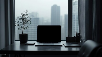 Fototapeta premium A laptop sits on a desk in a home office with a plant, pencils, and a window.