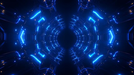 Obraz premium Futuristic Neon Corridor with Blue Lights and Symmetrical Patterns in Digital Space