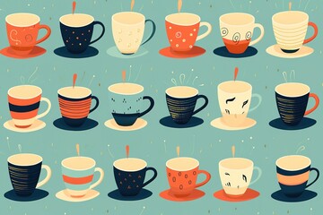 Tea coffee vintage cup set vector illustration. Cartoon vintage teacup collection for english afternoon tea ceremony party or breakfast, retro flower, leaf, stripes hand drawn pattern on cup and mug
