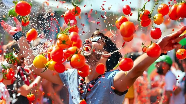 A young man enjoying La Tomatina festival with tomatoes thrown everywhere, Traditional spirited celebration at Tomatina festival, Festive Tomato throwing extravaganza	
