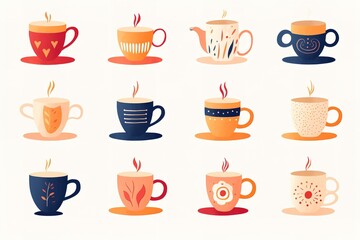 Tea coffee vintage cup set vector illustration. Cartoon vintage teacup collection for english afternoon tea ceremony party or breakfast, retro flower, leaf, stripes hand drawn pattern on cup and mug
