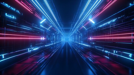 Obraz premium Futuristic Neon Corridor with Glowing Lines in a High-Tech Environment