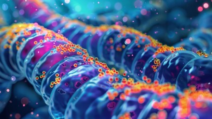 Abstract 3D tunnel in blue to red hues, with golden octagonal shapes, against dark background. Futuristic, technological ambiance.