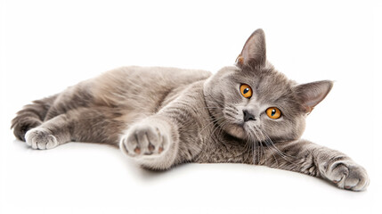 Fototapeta premium Satisfied British Cat: A British cat lying on a white background with a raised paw, suitable for advertising or playful pet imagery.
