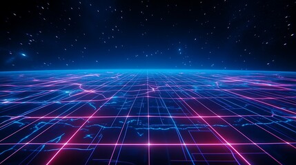 Futuristic Neon Grid with Glowing Lines and Stars Over a Dark Cosmic Background