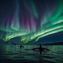 A pod of orcas hunting beneath the northern lights.