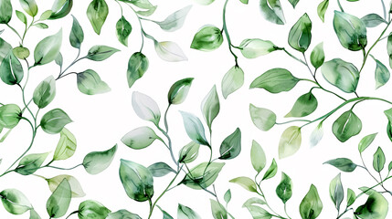 Seamless Watercolor Floral Pattern: Watercolor pattern featuring green leaves and branches on a white background. Perfect for wrappers, wallpapers, and greeting cards.