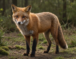 Fototapeta premium A curious red fox stands in a forest glade during early morning light, observing its surroundings. Generative AI